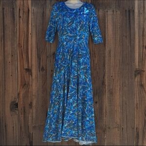 Peruvian Connection Pima Cotton Floral Dress Women’s Small Blue Fit & Flare Midi